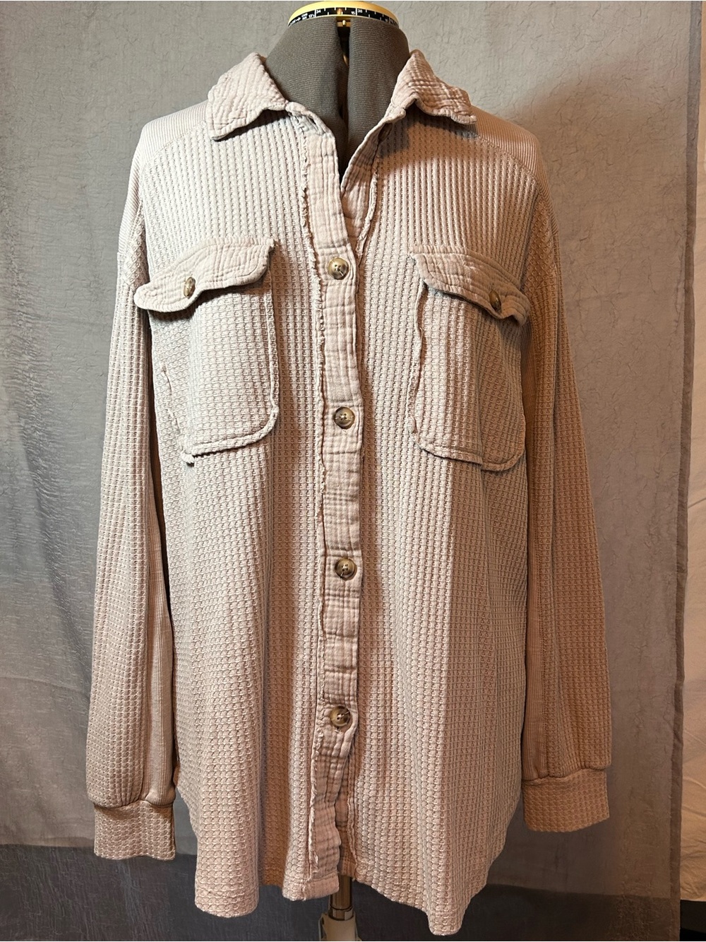 Woman’s Long Sleeve Waffle Knit Shirt - Beige